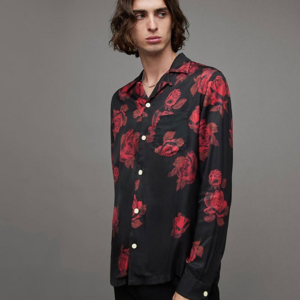 ALLSAINTS Thorn Black and Red Rose Print Shirt